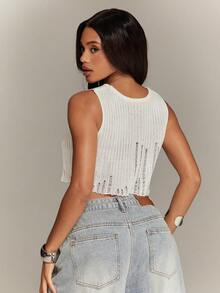 Denimoi Women's Spring/Summer Solid Color Sexy Cropped Sleeveless Crochet Knit Sweater Top - White - View 6