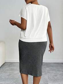 SHEIN PETITE CURVE 2件套加大码圆领短袖休闲字母印花夏季套装 - 深灰色 - 查看 4
