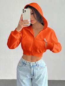 SHEIN PETITE 女款純色前拉鍊長袖口袋極簡連帽夾克 - 橘色 - 查看 4