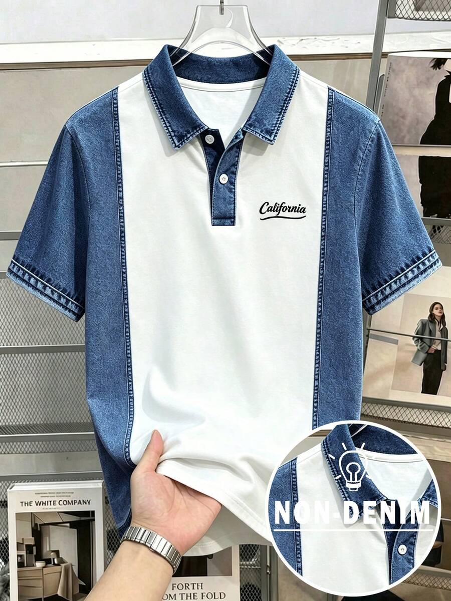 Manfinity Joysei 男士拼接牛仔效果印花短袖休閒 Polo 衫 - 藍白色 - 查看 1