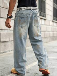 Manfinity EMRG Men's American Street Style Street Wear Paint Splatter Distressed Denim Jeans For Daily Wear Rave Light Blue Autumn - Multicolor - View 2