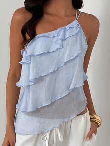 Aloruh Women's Solid Color Ruffle One Shoulder Sleeveless Blouse - Baby Blue - View 8
