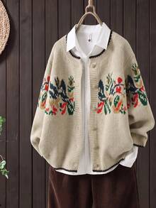 Rusticease Plus Size Women's Floral Pattern Single-Breasted Casual Daily Cardigan Winter - Apricot - View 9