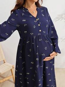 SHEIN Maternity Floral Print Button Nursing Functional Pleated Vacation Dress Fall - Navy Blue - View 6
