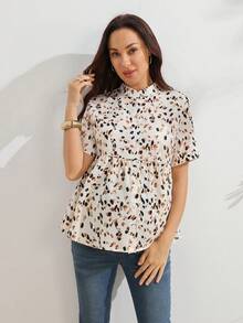 SHEIN Maternity All-Over Print Nursing Top With Stand Collar, Casual Versatile Daily Wear - Multicolor - View 4