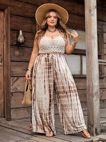 SHEIN CURVE+ 大尺碼 US22 音樂祭海邊度假波希米亞風蠟染印花寬鬆寬腿休閒長褲，波希米亞風女式西式服飾，沙灘度假穿搭 - 彩色 - 查看 9