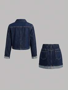 SHEIN 女童深藍色牛仔短袖襯衫與迷你裙兩件套 - 藍色 - 查看 3