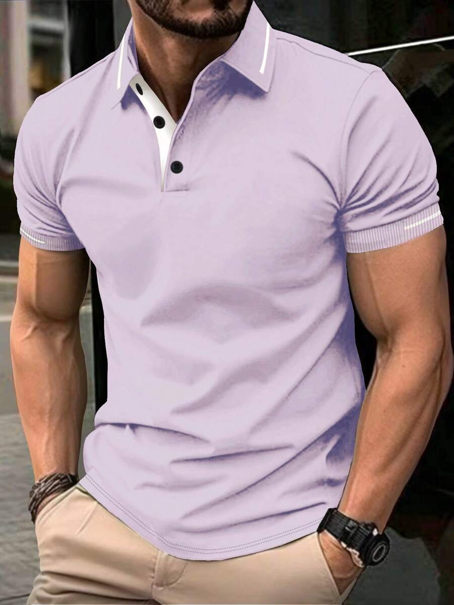 Calvornis 男士休閒商務半開襟短袖 Polo 衫 - 淡紫色 - 查看 1