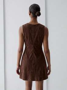 ATUI Studio Women's Dark Brown Deep V Neck Knot Front Midi Dress – Stretchy Fitted Silhouette, Elegant Essential For Fall, Party & Work - Brown - View 4