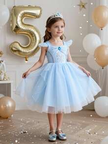 SHEIN Glamorique Kids 女孩公主洋裝，細肩帶搭配荷葉袖，藍色薄紗公主長裙，亮片薄紗，舞會禮服，優雅正式洋裝，畢業禮服，夏季洋裝 - 藍色 - 查看 2