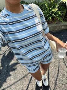 青少年女孩休閒簡約寬鬆圓領短袖T恤與寬鬆短褲2件套，適合春夏穿著 - 白色 - 查看 4