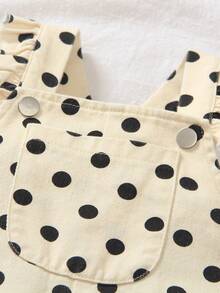 SHEIN Vintaside Kids 1件女嬰復古奶油白配黑色波點牛仔休閒可愛吊帶褲，荷葉邊肩帶，大口袋，寬鬆大腿褲管，適合外出、派對、返校 - 黑與白 - 查看 4