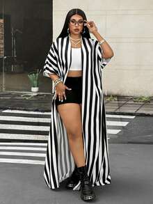 Maweii Spring Summer Autumn Casual Vacation Minimalist Elegant Sophisticated Fashion Niche Design New Essential Daily Wear Commute Business Black & White Striped Office Premium Plus Size Women's Jacket - Black and White - View 5