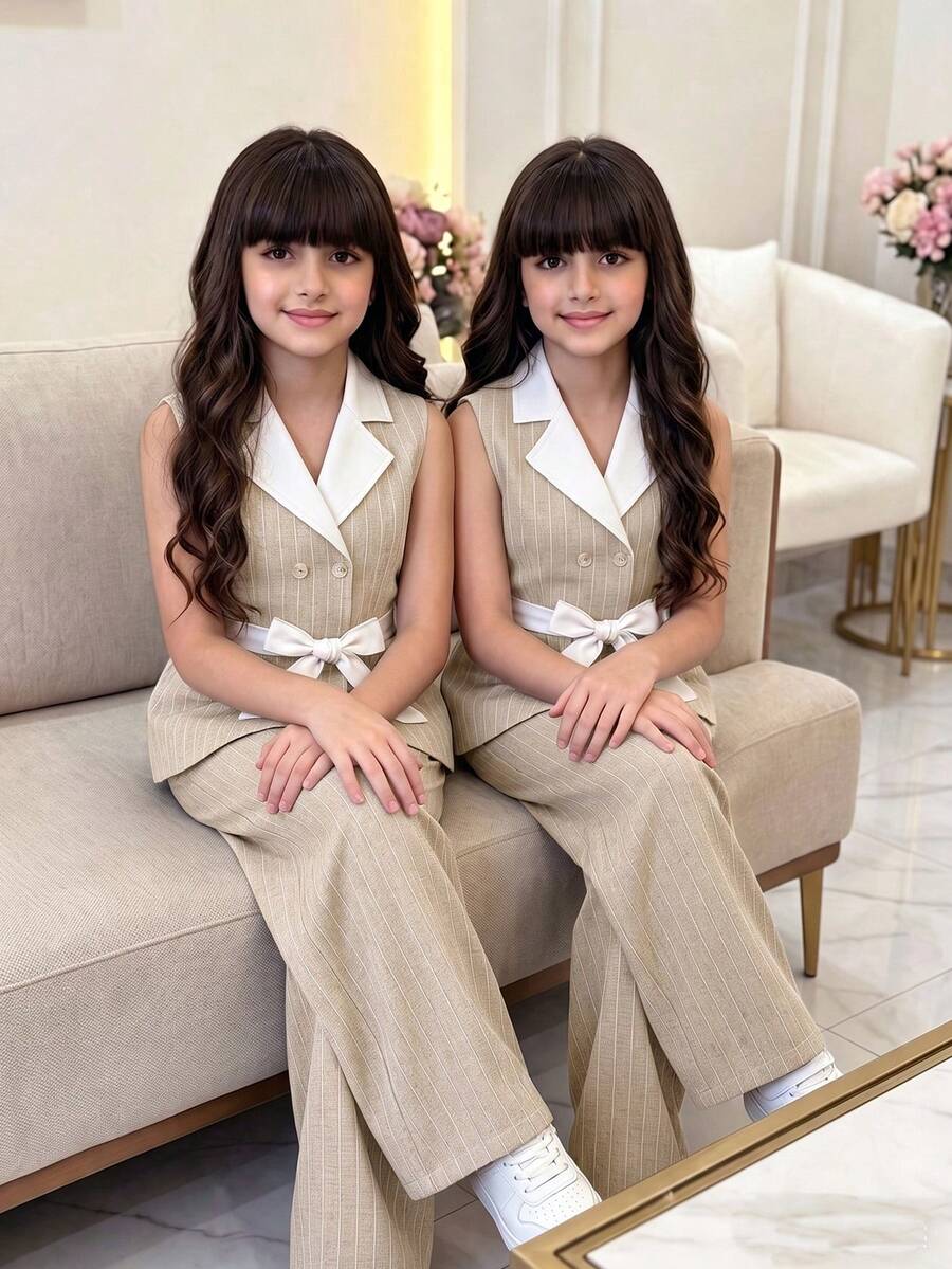 2件組 青少年女孩休閒返校夏季條紋無袖背心附腰帶與高腰寬腿褲 - 杏色 - 查看 1