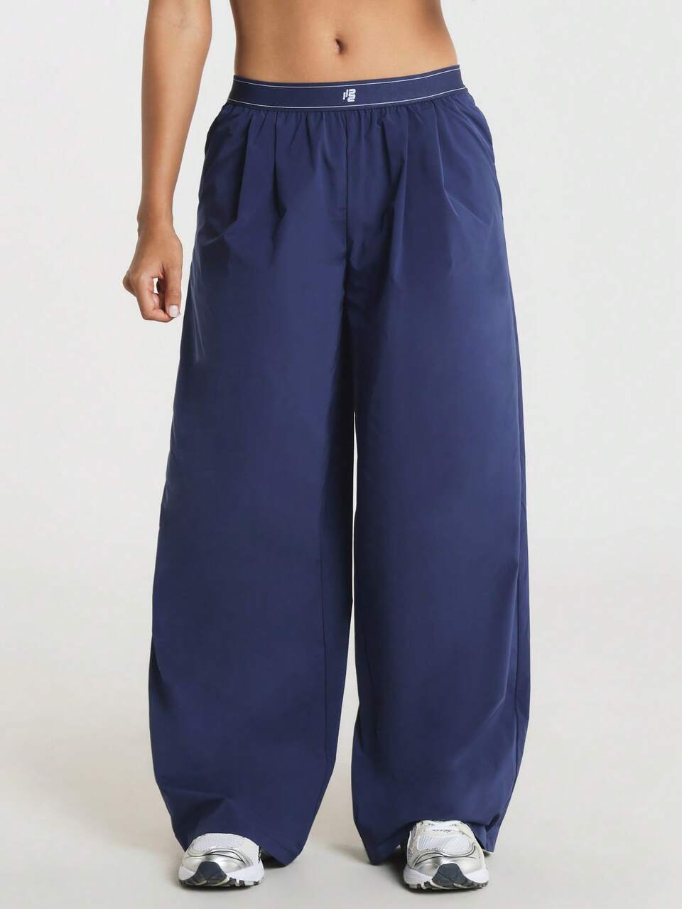 11SKNDS Wide Leg Woven Pants With Elastic Waistband Flowy Relaxed Fit Trousers With Logo Detail Pull-On Style Casual Athleisure Gym Navy Blue Summer