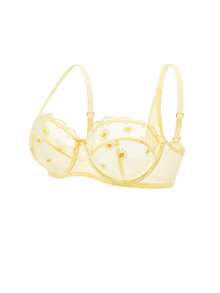 LUVLETTE Sujetador de lencería con bordado de margaritas, balconette transpirable sin forro, encaje floral amarillo transparente, minimizador de malla, ropa interior íntima - Amarillo - Ver 9