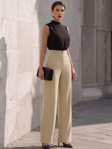 SHEIN Women's Solid Color Casual Versatile Daily Travel Long Pants - Khaki - View 4