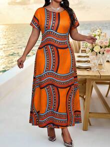 Fleurora Plus Size Geometric Print Fashion Vacation Dress - Orange - View 4