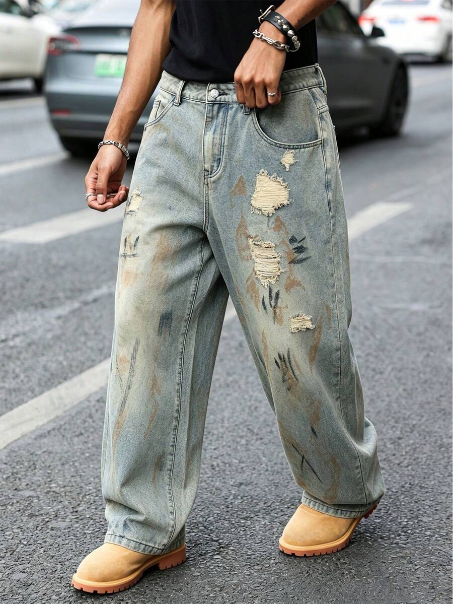 Manfinity EMRG Men's American Street Style Street Wear Paint Splatter Distressed Denim Jeans For Daily Wear Rave Light Blue Autumn - Multicolor - View 1