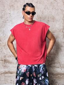 Skyrend Men's Summer Casual Solid Color Wide Shoulder Tank Top Cotton Tops Sleeveless Tee Red Crop Top Muscle Tee Cotton Sleeveless Tee Men Tops Red Cut Sleeve T-Shirt Men, Holiday Gothic Punk Streetwear For Emo Boy Grunge - Red - View 5