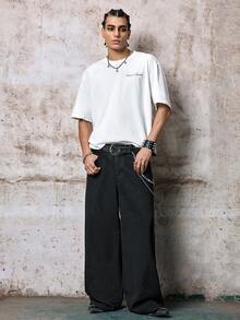 Skyrend Grunge Goth Y2K 风格男士休闲刺绣宽松阔腿牛仔裤，四季皆宜，时尚街头风，适合工作、通勤、舞台表演、朋友聚会、户外活动等场合。 - 黑色 - 查看 4