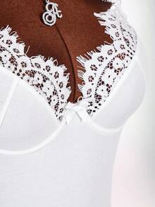 Amplova Solid Color Lace Trim Patchwork Cup Underwire Strap Short Sleeve Sexy Elegant Women's Bodysuit Night Out White Summer - White - View 5