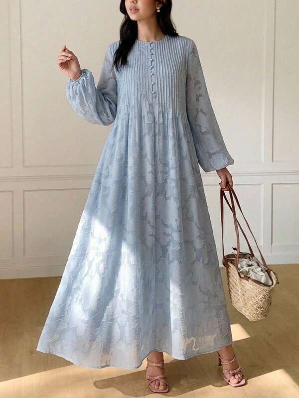 Veilorie Women's Jacquard Pleated Casual Elegant Party Holiday Dress Light Blue Floral Autumn