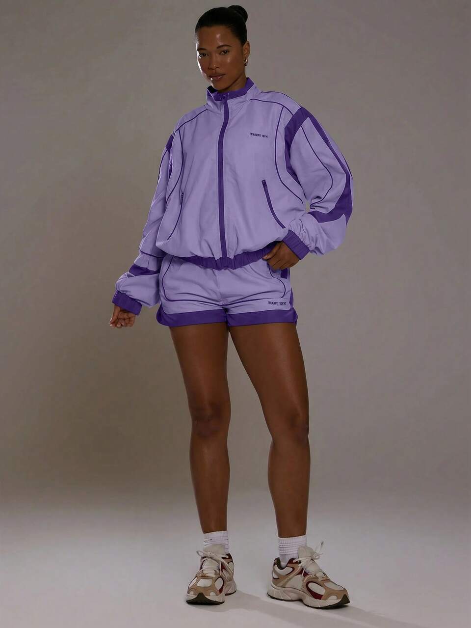 Kontrastowe sportowe szorty typu windbreaker do aktywności, treningu, siłowni, pilatesu i fitnessu, dziewczęce, na co dzień