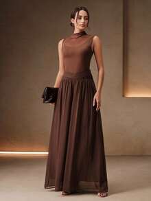 Anewsta Summer Vacation Style V-Neck Pleated Waist Drape Chiffon Wide Leg Culottes Long Pants, Suitable For Vacations, Trips And Commuting - Brown - View 4