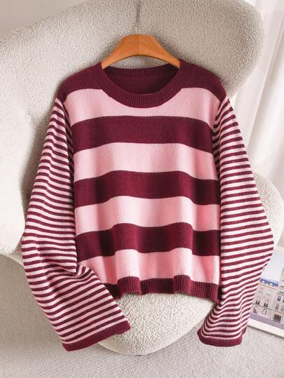 CosyJoli Plus Size Elegant French Casual High-End Minimalist Colorblock Knit Pink Sweater Top For Women, Autumn/Winter
