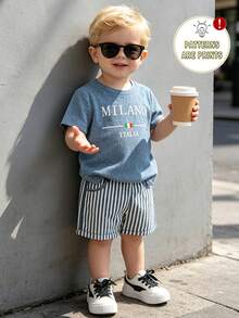 SHEIN Playful Pals 幼童 2 件組拼色休閒創意數位印花 T 恤與藍色條紋短褲套裝街頭風返校穿搭 - 彩色 - 查看 2