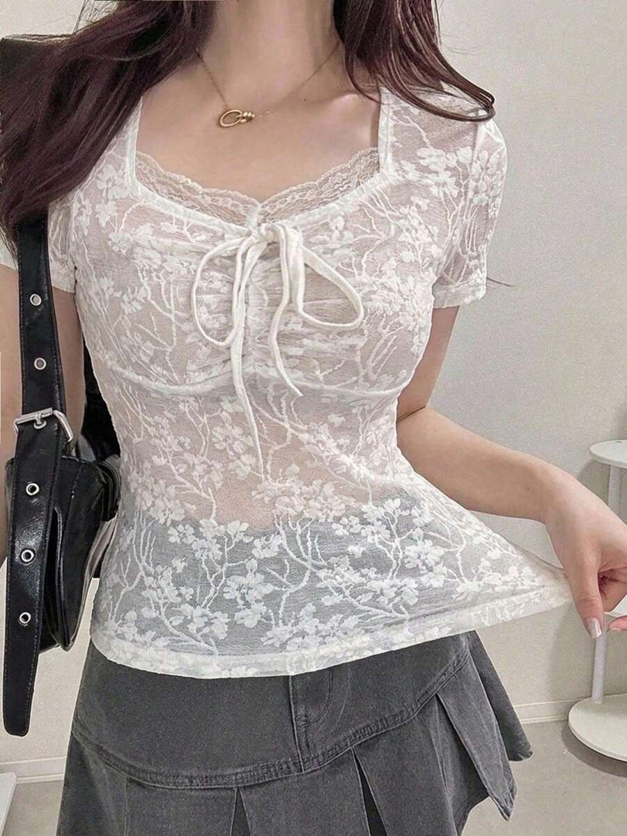 FRIFUL 女款夏季休閒素色提花T恤 - 杏色 - 查看 1