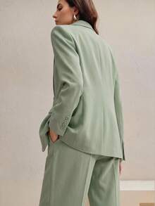 Anewsta 女款純色缺口領單排扣長袖夾克與長褲休閒通勤套裝 - 綠色 - 查看 7