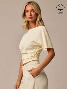 COSMINA Women's Solid Color Pleated Slim Fit Versatile Casual Elegant Short Sleeve Top Date Pale Yellow Top Work Tops Going Out Tops - Multicolor - View 3