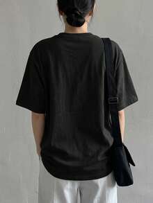 DAZY Women's Solid Color V-Neck Short Sleeve Casual Loose Fit T-Shirt School - Black - View 7