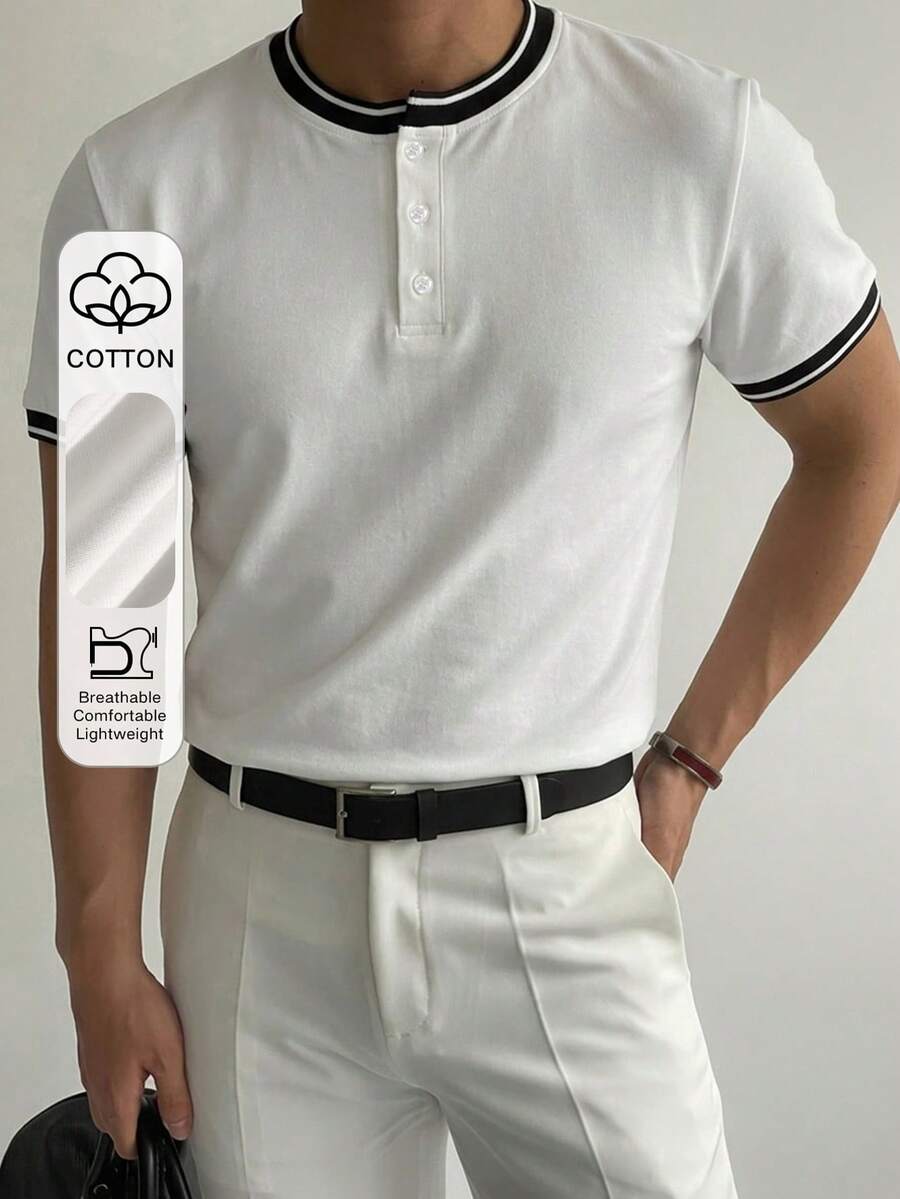 DAZY 白色圓領半鈕扣對比設計男士夏季素色T恤 - 白色 - 查看 1