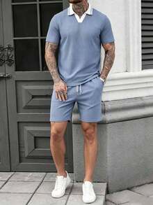 Manfinity Homme 男士大尺碼拼色短袖 Polo 衫與抽繩腰短褲休閒日常套裝 - 藍色 - 查看 5