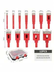 12pcs Multi-Functional Glass & Marble Drill Bit Set, Wet/Dry Use Diamond Hole Opener & Enlarger, Stone Expansion Drill Bits, Sharp Cutting, Durable Cutting Drill Bit Set, 6mm-35mm Drill Bits - red - View 3