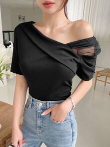DAZY Contrast Mesh Asymmetrical Neck Tee Going Out Tops - Black - View 4