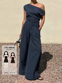 Livesso Tall Setelan 2 Potong Gaya Liburan untuk Wanita: Atasan Leher Asimetris Motif Garis-garis dan Celana Panjang Longgar - Navy Blue - View 5