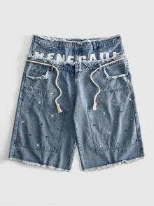 ROMWE MEN Street Life Men's Plus Size Double Waistband Rhinestone Frayed Hem Denim Shorts - Baby Blue - View 1