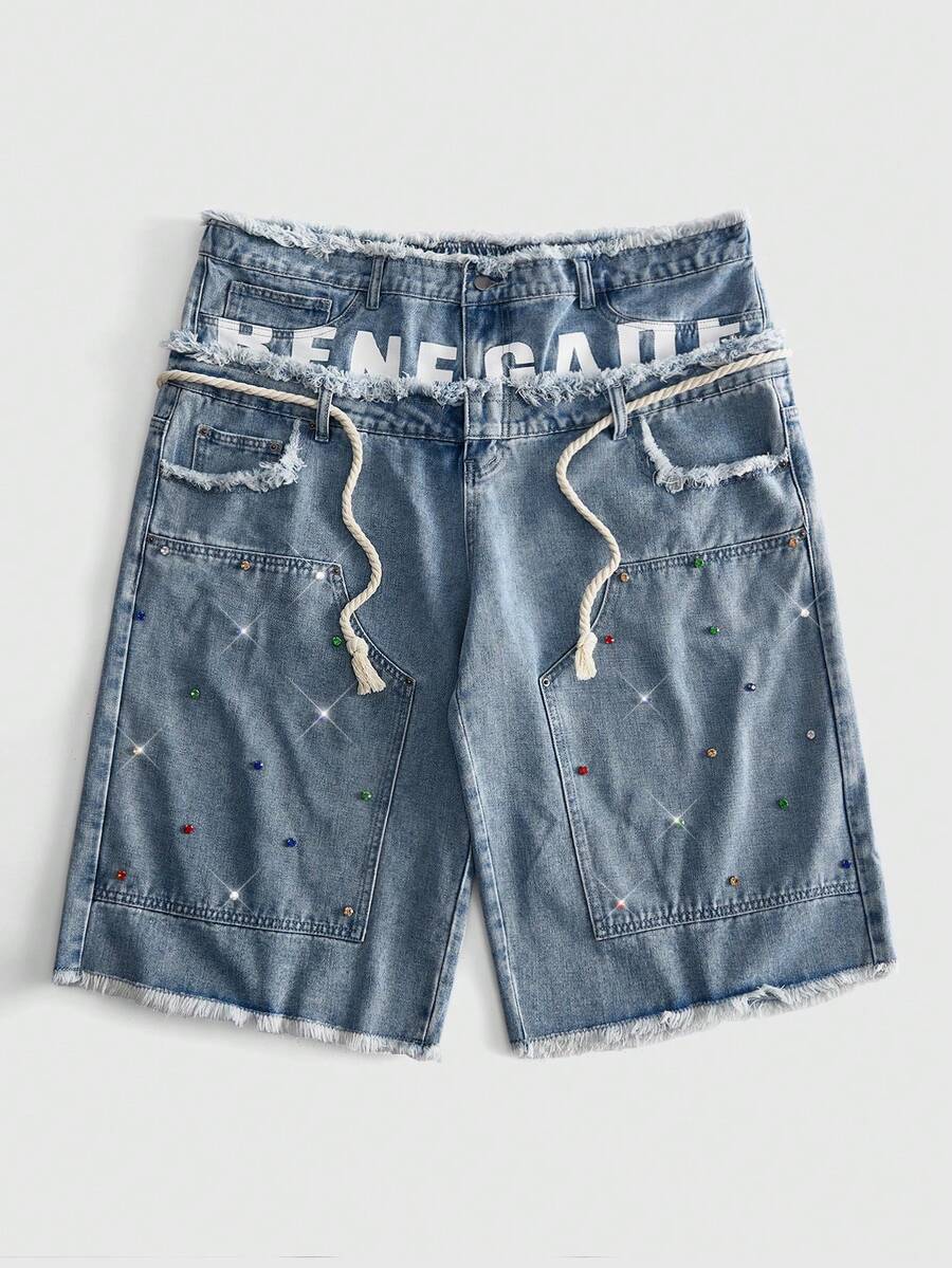 ROMWE MEN Street Life Men's Plus Size Double Waistband Rhinestone Frayed Hem Denim Shorts - Baby Blue - View 1