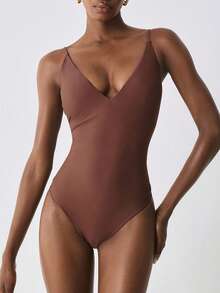 YARNWELL Women's Minimalist Solid Color Spaghetti Strap One-Piece Swimsuit For Beach Vacation - Brown - View 6