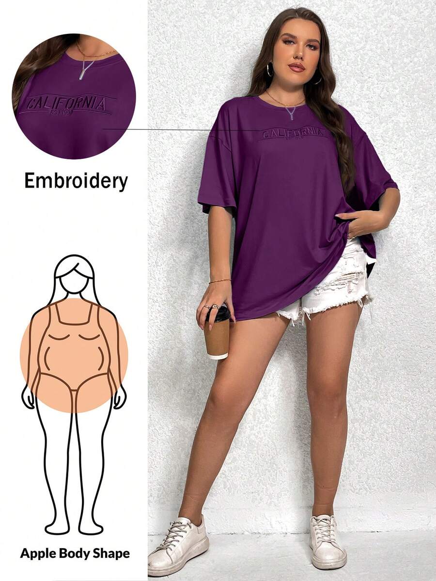 Shapeblank Kaos Plus Size Motif Huruf Bordir Bahu Jatuh Ukuran Besar untuk Anak Perempuan Warna Ungu - Violet Purple - View 1
