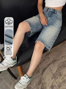 DAZY 女款休閒牛仔短褲，附口袋與鈕扣，適合日常穿著與外出 - 藍色 - 查看 1