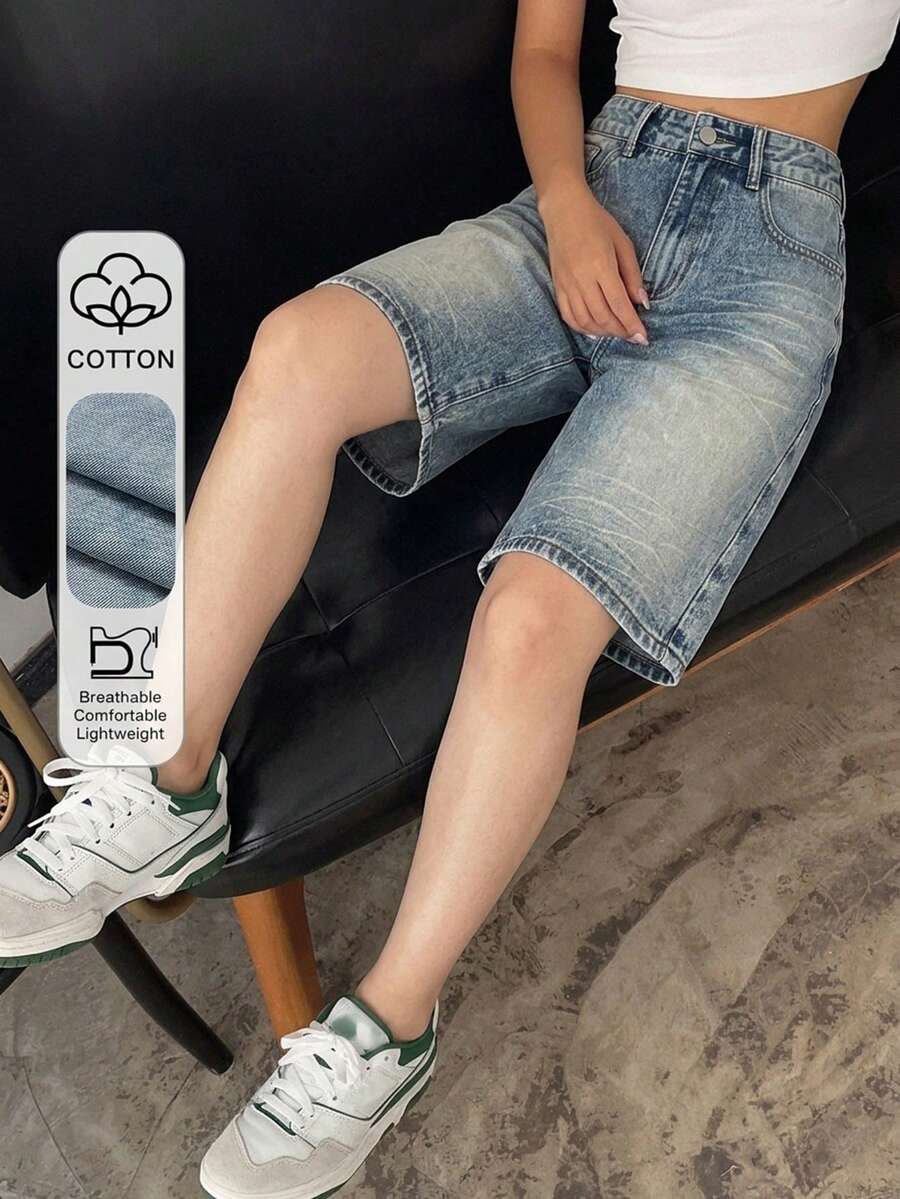 DAZY 女款休閒牛仔短褲,附口袋與鈕扣,適合日常穿著與外出 - 藍色 - 查看 1