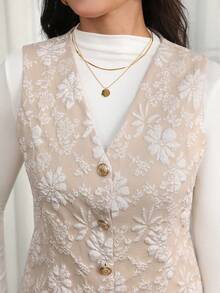 Medorina Chaleco de jacquard beige elegante para mujer, estilo francés, para oficina, día, fiesta, té de la tarde y noche, verano, Día del Maestro - Albaricoque - Ver 6