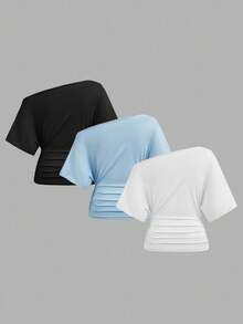 Slaydiva 黑色、白色、藍色 3 件組 寬肩抽褶腰基本款 T-shirt，夏季上衣，適合外出、海邊度假 - 彩色 - 查看 2