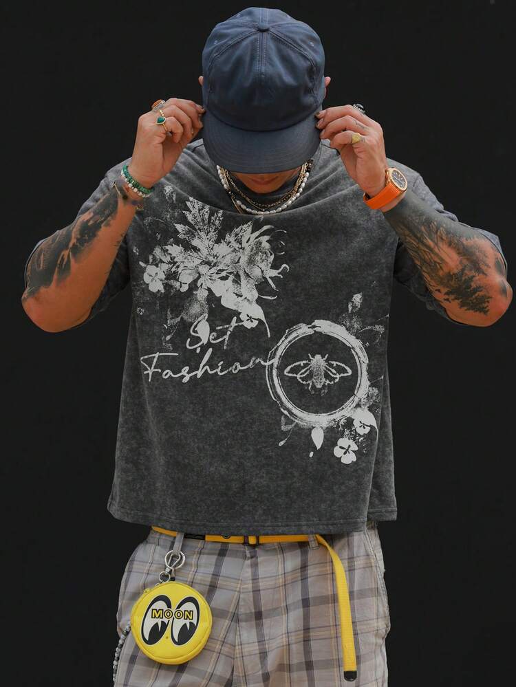 DAZY Camiseta corta de hombre de tela gris oscuro lavada con estampado de letras en la espalda, camiseta gráfica de verano - Gris Oscuro - Añade 5