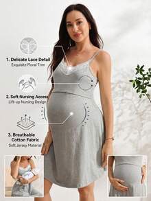 SHEIN Sleeveless Nursing Dress, Simple Lace Trim Design Maternity Summer Wear Photoshoot Postpartum Lounge Delivery - Grey - View 1